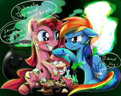 Size: 597x473 | Tagged: safe, artist:ichigoaimin, pinkie pie, rainbow dash, g4, blushing, cauldron, cooking, crying, messy, pinkamena diane pie