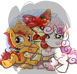 Size: 512x494 | Tagged: safe, artist:ichigoaimin, apple bloom, babs seed, scootaloo, sweetie belle, pony, g4, one bad apple, applebuse, blushing, crusadabuse, crying, cutie mark crusaders, female, mare, messy, sad, scootabuse, shadow, sweetiebuse, woobie