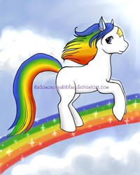 Size: 800x1000 | Tagged: safe, artist:kudamono-yukiblue, earth pony, pony, cloud, crossover, day, female, looking back, mare, multicolored hair, rainbow, rainbow brite, rainbow hair, sky, solo, starlite, sunlight