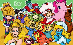 Size: 900x563 | Tagged: safe, artist:sorceress2000, pinkie pie, g3, g4, alvin and the chipmunks, alvin seville, cabbage patch kids, captain planet and the planeteers, care bears, crossover, ducktales, friend bear, g4 to g3, generation leap, rainbow brite, scooby-doo, scooby-doo!, she-ra, simon seville, strawberry shortcake, strawberry shortcake (character), the smurfs, theodore seville