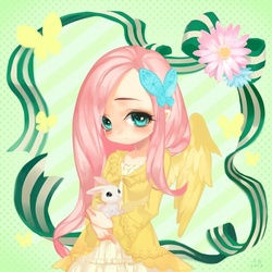 Size: 500x500 | Tagged: safe, artist:bnob, angel bunny, fluttershy, butterfly, g4, clothes, dress, flower, humanized, looking at you, winged humanization
