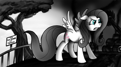 Size: 1000x552 | Tagged: safe, artist:jamescorck, fluttershy, g4, assertive, badass, fence, flutterbadass, protecting, sign, tree