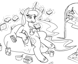 Size: 882x724 | Tagged: safe, artist:reiduran, princess celestia, princess luna, g4, beanbag chair, belly, black and white, celestia is not amused, cheek bulge, duo, eating, female, glorious grilled cheese, grayscale, grilled cheese, hoof on belly, ice cream, junk food, lineart, mare, monochrome, pizza, remote control, round belly, soda, stuffing, unamused