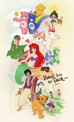 Size: 1012x1660 | Tagged: safe, artist:kinky-chichi, bear, big cat, dinosaur, dog, fairy, human, lion, mermaid, mouse, pegasus, pony, g1, aladdin, an american tail, apatosaurus, ariel, belly button, care bears, clothes, crossover, disney, disney princess, don bluth, ferngully, fievel mousekewitz, footrot flats, littlefoot, midriff, seashell, simba, skirt, spot the dog, the land before time, the lion king, the little mermaid, trollies musical adventure