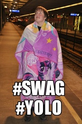 Size: 680x1024 | Tagged: safe, twilight sparkle, human, g4, blanket, brony, hashtag, irl, irl human, photo, swag, towel, yolo