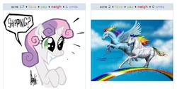 Size: 539x272 | Tagged: safe, artist:dreamertheresa, artist:theartrix, rainbow dash, sweetie belle, derpibooru, g4, crossover, exploitable meme, juxtaposition, juxtaposition win, meta, realistic, shipping, starlite