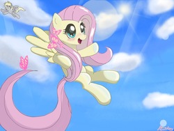 Size: 1024x768 | Tagged: dead source, safe, artist:8bitamy, derpy hooves, fluttershy, butterfly, pegasus, pony, g4, female, flying, mare