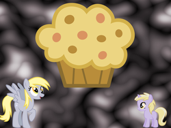 Size: 1600x1200 | Tagged: safe, artist:flukefoot, derpy hooves, dinky hooves, pegasus, pony, g4, equestria's best mother, female, floating, mare, muffin, vector, wallpaper