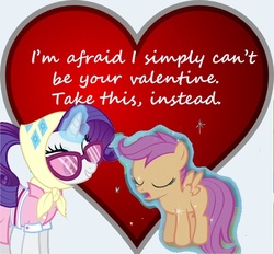 Size: 600x557 | Tagged: safe, rarity, scootaloo, g4, camping outfit, heart, lasty's hearts, rejection, simple, substitute, valentine