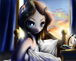 Size: 2500x2000 | Tagged: safe, artist:wylfden, oc, oc only, bird, pony, alarm clock, bed, blanket, clock, curtains, morning ponies, pillow, solo