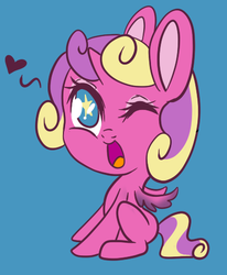 Size: 394x478 | Tagged: safe, artist:srsishere, princess skyla, alicorn, pony, g4, big head, cute, heart, moe, open mouth, simple background, sitting, smiling, starry eyes, tumblr, uguu, wingding eyes, wink