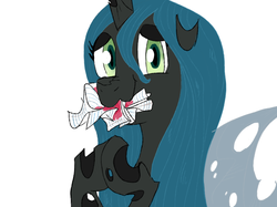Size: 799x599 | Tagged: artist needed, safe, queen chrysalis, changeling, changeling queen, g4, :t, cute, cutealis, eating, female, heart, looking at you, mouth hold, nom, nose wrinkle, paper, scrunchy face, simple background, smiling, solo, wavy mouth, white background