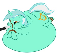 Size: 1231x1161 | Tagged: safe, artist:calorie, lyra heartstrings, pony, unicorn, g4, belly, belly bed, bondage, butt, fat, feeding tube, force feeding, hose, impossibly large belly, lard-ra heartstrings, lyra feedee, morbidly obese, obese, plot, rope, stuck, stuffing, tied up