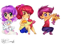 Size: 2000x1400 | Tagged: safe, artist:daughter-of-fantasy, apple bloom, scootaloo, sweetie belle, human, g4, cutie mark crusaders, female, humanized, plushie