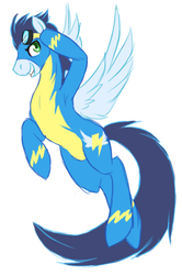 Size: 332x501 | Tagged: safe, artist:sketchbookworm, soarin', g4, clothes, flying, full body, goggles, salute, simple background, solo, spread wings, uniform, white background, wings, wonderbolts uniform
