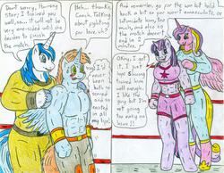 Size: 965x748 | Tagged: safe, artist:jose-ramiro, princess cadance, shining armor, twilight sparkle, oc, oc:harmony star, alicorn, unicorn, anthro, unguligrade anthro, g4, clothes, comic, female, male, sports, sweat, traditional art, wrestling, wrestling ring