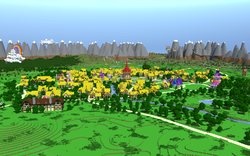Size: 5760x3600 | Tagged: safe, g4, canterlot, carousel boutique, cloudsdale, game screencap, minecraft, mountain, mountain range, ponyville, ponyville town hall, rainbow dash's house, render, scenery, sugarcube corner, town, waterfall