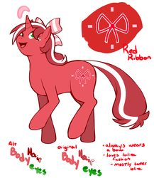 Size: 1280x1477 | Tagged: safe, alternate version, artist:redintravenous, oc, oc only, oc:red ribbon, pony, unicorn, ask red ribbon, bow, female, hair bow, mare, reference sheet, ribbon, simple background, solo, white background