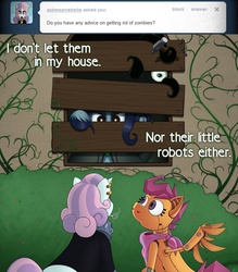 Size: 1000x1144 | Tagged: safe, artist:r perils, scootaloo, sweetie belle, oc, oc:ipsywitch, ask ipsywitch, g4, cigarette, hammer, meanie belle, scootabot, smoking, tentacles, tumblr
