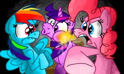 Size: 1280x768 | Tagged: safe, artist:kylestudios, pinkie pie, rainbow dash, twilight sparkle, g4, punch, violence