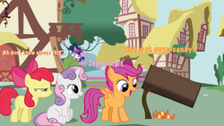 Size: 840x474 | Tagged: safe, apple bloom, scootaloo, sweetie belle, twilight sparkle, g4, box, candy, cutie mark crusaders, seems legit, trap (device), twilight snapple