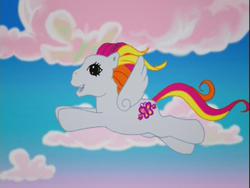 Size: 640x480 | Tagged: safe, screencap, baby honolu-loo, pegasus, pony, friends are never far away, g3, baby honolu-loo can fly, cloud, cloudy, cute, female, filly, flapping, flying, foal, happy, honolubetes, open mouth, open smile, sky, smiling