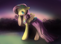 Size: 1654x1200 | Tagged: safe, artist:wolfiedrawie, fluttershy, pegasus, pony, a canterlot wedding, g4, bridesmaid dress, clothes, covering mouth, cute, dress, female, floppy ears, folded wings, looking at you, mare, no pupils, raised hoof, shyabetes, solo