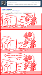 Size: 612x1100 | Tagged: safe, artist:madmax, oc, oc only, oc:madmax, pony, unicorn, madmax silly comic shop, comic, computer, female, glasses, google, google translate, hooves behind head, lol, mare, misspelling of you're, omg, ponysona, self deprecation, self portrait, solo, tumblr, xd