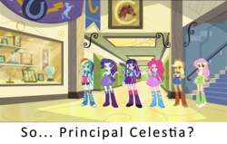 Size: 1099x700 | Tagged: safe, applejack, fluttershy, pinkie pie, rainbow dash, rarity, twilight sparkle, human, equestria girls, g4, my little pony equestria girls, eqg promo pose set, equestria girls drama, hallway, hand on hip, hilarious in hindsight, implied princess celestia, it happened, line-up, looking at you, mane six, twoiloight spahkle