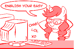 Size: 493x327 | Tagged: safe, artist:madmax, edit, oc, oc only, oc:madmax, pony, unicorn, madmax silly comic shop, computer, female, gif, glasses, hooves behind head, lol, mare, misspelling of you're, non-animated gif, omg, ponysona, reaction image, self deprecation, self portrait, tumblr, xd