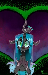 Size: 630x981 | Tagged: dead source, safe, artist:kaliptro, queen chrysalis, changeling, changeling queen, g4, crying, cute, cutealis, female, heart, solo