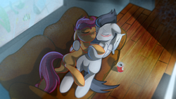 Size: 1366x768 | Tagged: safe, artist:skwareblox, rumble, scootaloo, pegasus, pony, g4, alcohol, beer, beer can, blushing, cuddling, cute, cutealoo, duo, featureless crotch, female, love, male, nuzzling, older, older rumble, older scootaloo, rumblebetes, ship:rumbloo, shipping, straight, teenager