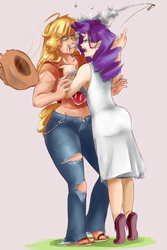 Size: 1280x1920 | Tagged: safe, artist:sundown, applejack, rarity, human, g4, applebucking thighs, female, horn, horned humanization, humanized, lesbian, ship:rarijack, shipping, smoking