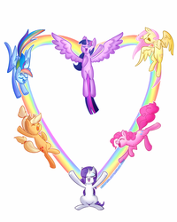 Size: 900x1126 | Tagged: safe, artist:miniyuna, applejack, fluttershy, pinkie pie, rainbow dash, rarity, twilight sparkle, alicorn, pony, g4, magical mystery cure, female, happysimp, heart, mane six, mare, rainbow, simple background, smiling, twilight sparkle (alicorn)