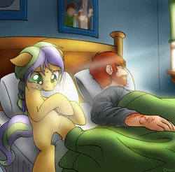 Size: 1600x1575 | Tagged: safe, artist:conicer, oc, oc only, oc:mary morris, oc:stan morris, earth pony, human, pony, fanfic:my little marriage, arm hair, bed, duo, duo male and female, family photo, fanfic, fanfic art, female, gritted teeth, human male, human to pony, in bed, looking at self, madverse, male, mare, post-transformation, sleeping, sweat, teeth, transformation