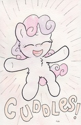 Size: 732x1124 | Tagged: safe, artist:slightlyshade, sweetie belle, pony, g4, cuddling, cute, female, filly, solo, traditional art