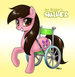 Size: 1100x1134 | Tagged: safe, artist:johnjoseco, oc, oc only, oc:smilez, earth pony, pony, amputee, disabled, female, jen bricker, mare, ponified, smiling, solo, wheelchair