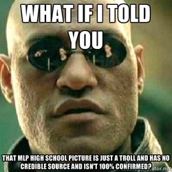 Size: 400x400 | Tagged: safe, human, caption, drama, hilarious in hindsight, meme, morpheus, sunglasses, text, the matrix, what if i told you