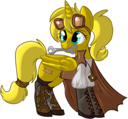Size: 534x498 | Tagged: safe, artist:lulubell, oc, oc only, oc:ticket, alicorn, pony, alicorn oc, clothes, mouth hold, simple background, solo, steampunk, transparent background, wrench