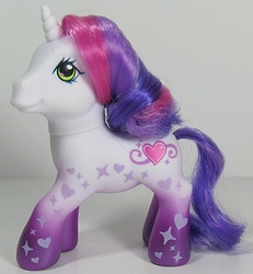 Size: 555x600 | Tagged: safe, photographer:breyer600, sweetie belle (g3), pony, unicorn, g3, cute, female, heart, irl, love, photo, purple, smiling, solo, stars, toy