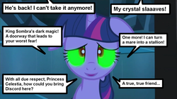 Size: 1280x720 | Tagged: safe, edit, edited screencap, screencap, twilight sparkle, pony, g4, the crystal empire, bad end, female, glowing eyes, greatest fear, green sclera, inverted mouth, mare, mind rape, offscreen character, solo, sombra eyes, speech bubble, text, the bad guy wins