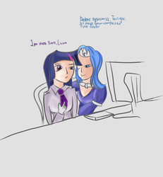 Size: 710x768 | Tagged: safe, artist:derpy_d, princess luna, twilight sparkle, human, g4, computer, duo, humanized