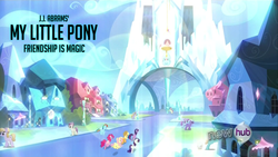 Size: 960x540 | Tagged: safe, edit, edited screencap, screencap, amber waves, applejack, bright smile, castle (crystal pony), fleur de verre, fluttershy, pinkie pie, rainbow dash, rarity, rubinstein, sapphire joy, twilight sparkle, crystal pony, earth pony, pegasus, pony, unicorn, g4, games ponies play, background pony, crystal castle, crystal empire, female, j.j. abrams, lens flare, male, mane six, mare, needs moar lens flare, stallion