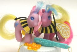 Size: 1023x682 | Tagged: safe, photographer:relcelestia, dart (g2), dash (g2), bee, pony, g2, baby, baby dash, baby pony, bee costume, clothes, dart, dash, toy, twins