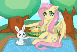 Size: 2151x1463 | Tagged: safe, artist:h2656256, angel bunny, fluttershy, pegasus, pony, rabbit, g4, female, herbivore, male, mare, picnic, salad