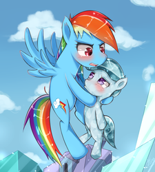 Size: 1082x1200 | Tagged: safe, artist:hua, glass slipper, rainbow dash, crystal pony, pony, g4, games ponies play, blushing, carrying, cloud, cloudy, crystal empire, crystal filly, embarrassed, filly, flying, open mouth, pouting, scene interpretation