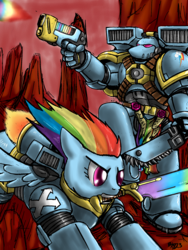 Size: 1500x2000 | Tagged: safe, artist:bloodkiaser923, rainbow dash, human, pegasus, pony, g4, armor, assault squad, bolter, chainsword, crossover, duo, female, gun, jetpack, jump pack, male, mare, mouth hold, plasma pistol, power armor, power sword, powered exoskeleton, purity seal, space marine, sword, warhammer (game), warhammer 40k, weapon