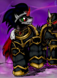 Size: 2200x3000 | Tagged: safe, artist:bloodkiaser923, king sombra, pony, unicorn, g4, armor, black legion, chaos space marine, crossover, male, power armor, purple background, simple background, space marine, stallion, warhammer (game), warhammer 40k