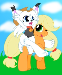 Size: 1250x1500 | Tagged: safe, artist:ad-sd-chibigirl, applejack, oc, earth pony, pony, anthro, g4, anthros riding ponies, cute, diaper, diaper fetish, female, furry, jackabetes, mare, non-baby in diaper, non-mlp oc, riding