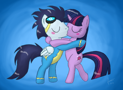 Size: 2600x1900 | Tagged: safe, artist:snetri, soarin', twilight sparkle, pony, unicorn, g4, bipedal, blue background, blushing, clothes, duo, embrace, eyes closed, female, kiss on the lips, kissing, male, mare, shipping, simple background, soarlight, stallion, straight, unicorn twilight, uniform, wonderbolts uniform